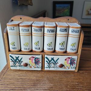 VTG Spice Set Chick Rooster Wood Rack Fred Roberts Japan 6 Shakers 2 Spice Boxes